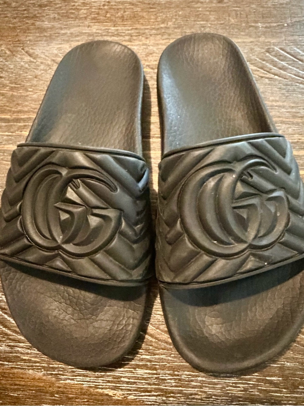 Black Gucci Slide Sandals with Embossed Double G Logo
